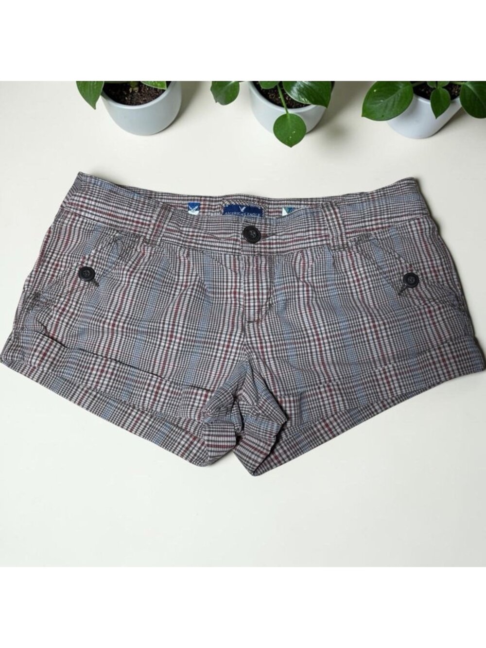Vintage Y2K American Eagle Mini Shorts Brown Plaid  Size 8  Low Rise Preppy